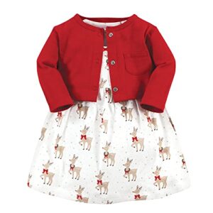 hudson baby baby girls' cotton dress and cardigan set, fancy rudolph, 9-12 months