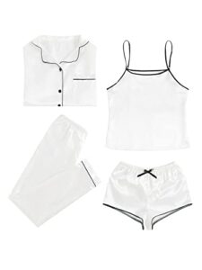 wdirara women's silk satin pajama set 4 pieces soft bride sleepwear loungewear white m