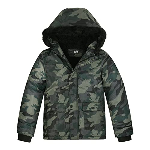 SNOW DREAMS Boys Winter Coat Puffer Jackets Fur Hooded Ski Jacket Camo Fleece Lined Army Green Size 14