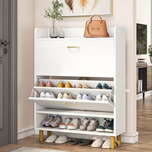tribesigns shoe cabinet, 2-tier shoe storage cabinet with flip doors, vintage entryway shoe organizer rack with open shelves for narrow closet, entryway, living room, white & gold