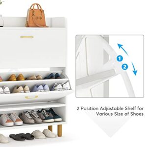 Tribesigns Shoe Cabinet, 2-Tier Shoe Storage Cabinet with Flip Doors, Vintage Entryway Shoe Organizer Rack with Open Shelves for Narrow Closet, Entryway, Living Room, White & Gold