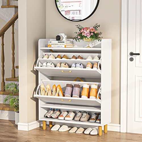 Tribesigns Shoe Cabinet, 2-Tier Shoe Storage Cabinet with Flip Doors, Vintage Entryway Shoe Organizer Rack with Open Shelves for Narrow Closet, Entryway, Living Room, White & Gold