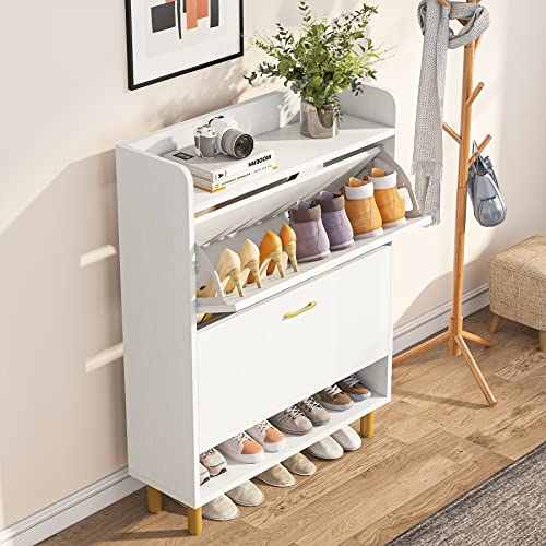 Tribesigns Shoe Cabinet, 2-Tier Shoe Storage Cabinet with Flip Doors, Vintage Entryway Shoe Organizer Rack with Open Shelves for Narrow Closet, Entryway, Living Room, White & Gold