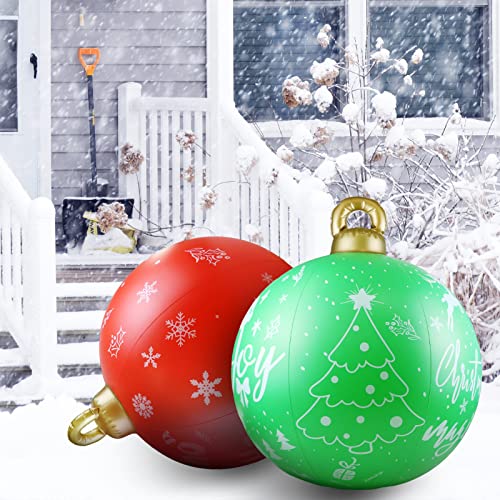 2 Pieces 23.6 Inch Christmas Ball Outdoor Decorations Extra Large PVC Balls with Joy Tree Hohoho Patterns for Yard Pool Lawn Porch Garden Holiday Indoor (Red and Green)