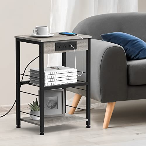 NORCEESAN Nightstand with Charging Station End Table with USB Ports and Power Outlets Side Tables Bedroom with Storage Shelves Industrial End Table 3 Tier (Grey)