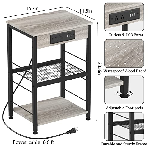 NORCEESAN Nightstand with Charging Station End Table with USB Ports and Power Outlets Side Tables Bedroom with Storage Shelves Industrial End Table 3 Tier (Grey)