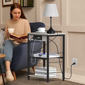 NORCEESAN Nightstand with Charging Station End Table with USB Ports and Power Outlets Side Tables Bedroom with Storage Shelves Industrial End Table 3 Tier (Grey)