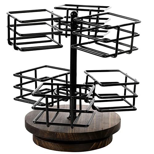 MyGift Black Metal Wire Tea Organizer Spinning Carousel Teabag Holder Basket with Dark Brown Wood Base, 6-Compartment Tea and Coffee Station Condiment Rack