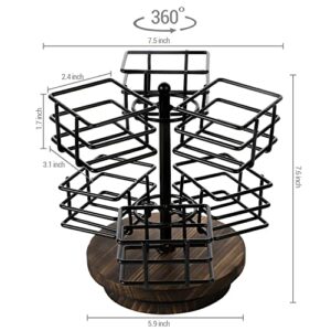 MyGift Black Metal Wire Tea Organizer Spinning Carousel Teabag Holder Basket with Dark Brown Wood Base, 6-Compartment Tea and Coffee Station Condiment Rack