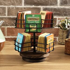 MyGift Black Metal Wire Tea Organizer Spinning Carousel Teabag Holder Basket with Dark Brown Wood Base, 6-Compartment Tea and Coffee Station Condiment Rack