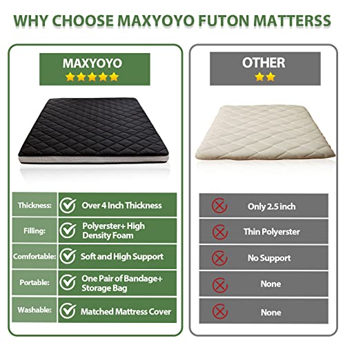 MAXYOYO Japanese Floor Futon Mattress Full Size, Floor Couch for Adults Roll Up Folding Floor Bed Portable Mattress Foam Mattress Queen, Diamond Patterned Japanese Futon Bed, Black