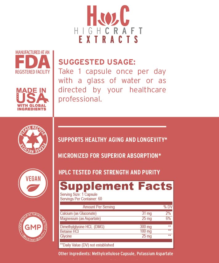 HighCraft Extracts DMG Supplement - Balanced Behavior - Calm, Reduces Irritability, restlessness, soothes Mood Changes - Magnesium, Potassium, Betaine, Dimethylglycine, Calcium Gluconate, Glycine