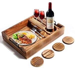 Wood Ottoman Serving Tray with Handles & Cup Holder Wooden Wine Serving Tray with Removable Glass Holder Antique Breakfast Serving Trays in Bed Coffee Table