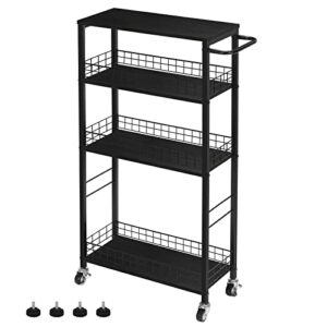 slim storage cart kitchen rolling utility cart on wheels 4 tier mobile narrow cart with wood and metal handle slide out storage shelving unit cart for kitchen living room laundry small places black