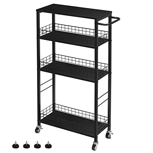 Slim Storage Cart Kitchen Rolling Utility Cart on Wheels 4 Tier Mobile Narrow Cart with Wood and Metal Handle Slide Out Storage Shelving Unit Cart for Kitchen Living Room Laundry Small Places Black