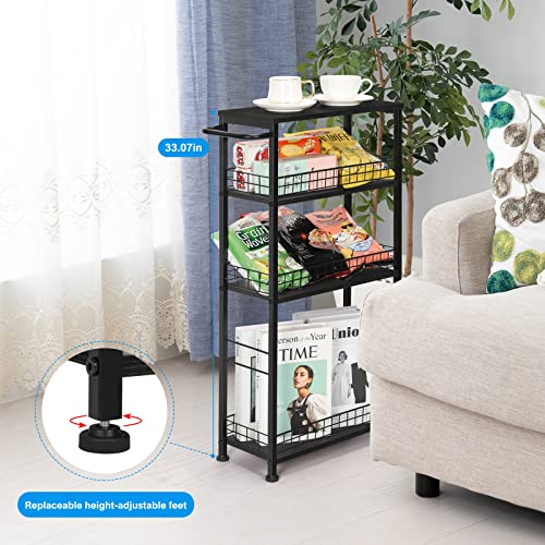 Slim Storage Cart Kitchen Rolling Utility Cart on Wheels 4 Tier Mobile Narrow Cart with Wood and Metal Handle Slide Out Storage Shelving Unit Cart for Kitchen Living Room Laundry Small Places Black