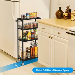 Slim Storage Cart Kitchen Rolling Utility Cart on Wheels 4 Tier Mobile Narrow Cart with Wood and Metal Handle Slide Out Storage Shelving Unit Cart for Kitchen Living Room Laundry Small Places Black