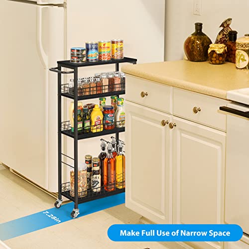 Slim Storage Cart Kitchen Rolling Utility Cart on Wheels 4 Tier Mobile Narrow Cart with Wood and Metal Handle Slide Out Storage Shelving Unit Cart for Kitchen Living Room Laundry Small Places Black