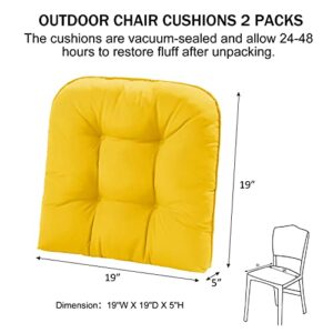 downluxe Outdoor Chair Cushions, Waterproof Tufted Overstuffed U-Shaped Memory Foam Seat Cushions for Patio Funiture, 19" x 19" x 5", Yellow, 2 Pack