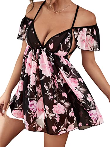 Verdusa Women's Casual Sleepwears Floral Print Cold Shoulder Crisscross Backless Spaghetti Strap Chiffon Nightdress Multicolor M