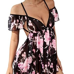 Verdusa Women's Casual Sleepwears Floral Print Cold Shoulder Crisscross Backless Spaghetti Strap Chiffon Nightdress Multicolor M