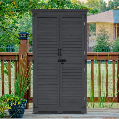 MCombo Outdoor Storage Cabinet, Garden Storage Shed, Outside Vertical Shed with Lockers, Outdoor 63 Inches Wood Tall Shed for Yard and Patio 0870 (Grey)