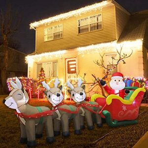mortime 9.5 ft christmas inflatable santa claus on sleigh pulled by three reindeers with gift boxes, blow up lighted yard decor for outdoor decorations