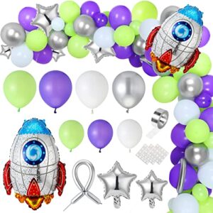 134 pieces buzz birthday party balloon garland arch kit 10 5 inch purple green silver white latex balloons with rocket star foil balloon for buzz themed birthday party decorations