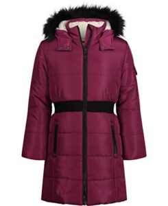 hudson girls' hooded winter puffer jacket, heavy weight coat with full length zipper, magenta/long length, 8-10
