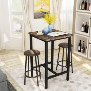 awqm 3 piece dining table set bar table and chairs set for 2 faux marble kitchen counter height dining table set with 2 padded stools 3-piece modern pub table set, marble brown, 23.6"