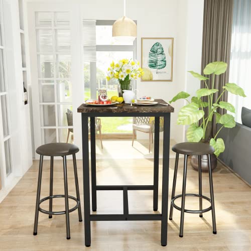 AWQM 3 Piece Dining Table Set Bar Table and Chairs Set for 2 Faux Marble Kitchen Counter Height Dining Table Set with 2 Padded Stools 3-Piece Modern Pub Table Set, Marble Brown, 23.6"