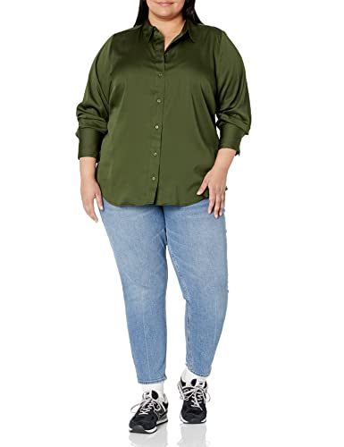 Amazon Essentials Women's Classic-Fit Satin Button Down Blouse (Available in Plus Size), Dark Olive, Medium