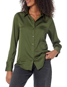 amazon essentials women's classic-fit satin button down blouse (available in plus size), dark olive, medium