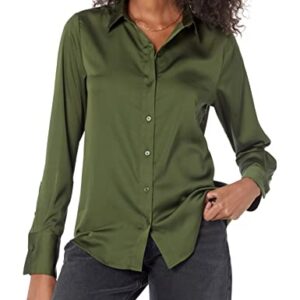 Amazon Essentials Women's Classic-Fit Satin Button Down Blouse (Available in Plus Size), Dark Olive, Medium