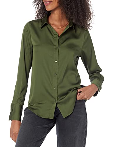 Amazon Essentials Women's Classic-Fit Satin Button Down Blouse (Available in Plus Size), Dark Olive, Medium