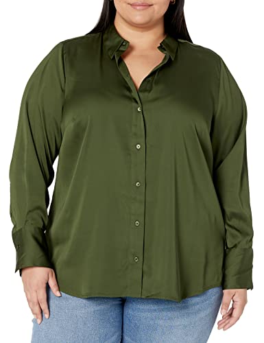 Amazon Essentials Women's Classic-Fit Satin Button Down Blouse (Available in Plus Size), Dark Olive, Medium