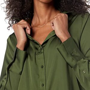 Amazon Essentials Women's Classic-Fit Satin Button Down Blouse (Available in Plus Size), Dark Olive, Medium