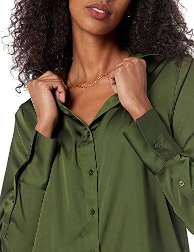 Amazon Essentials Women's Classic-Fit Satin Button Down Blouse (Available in Plus Size), Dark Olive, Medium