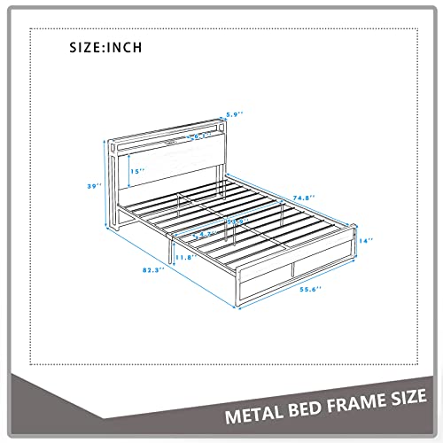 Full Size Platform Bed with USB Ports and Sockets, Metal Bed Frame with Wooden Headboard and Footboard, Slat Support No Box Spring Needed