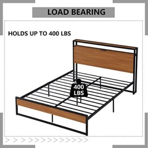 Full Size Platform Bed with USB Ports and Sockets, Metal Bed Frame with Wooden Headboard and Footboard, Slat Support No Box Spring Needed