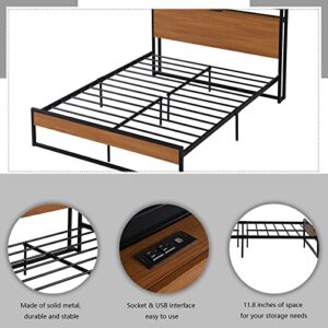 Full Size Platform Bed with USB Ports and Sockets, Metal Bed Frame with Wooden Headboard and Footboard, Slat Support No Box Spring Needed