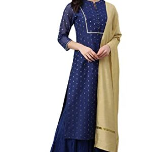 Janasya Women's Dark Blue Chanderi Silk Woven Kurta with Sharara and Dupatta(SET472-KR-SHA-S)