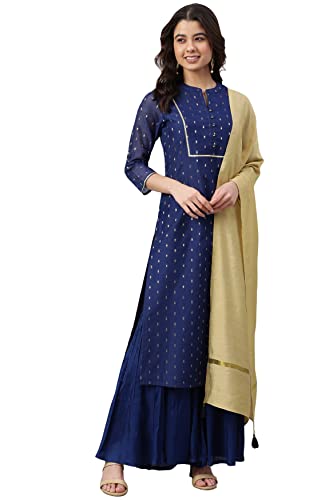 Janasya Women's Dark Blue Chanderi Silk Woven Kurta with Sharara and Dupatta(SET472-KR-SHA-S)