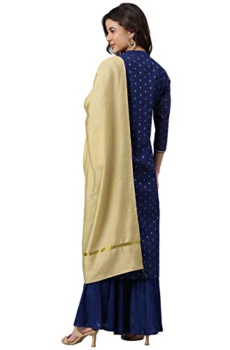 Janasya Women's Dark Blue Chanderi Silk Woven Kurta with Sharara and Dupatta(SET472-KR-SHA-S)