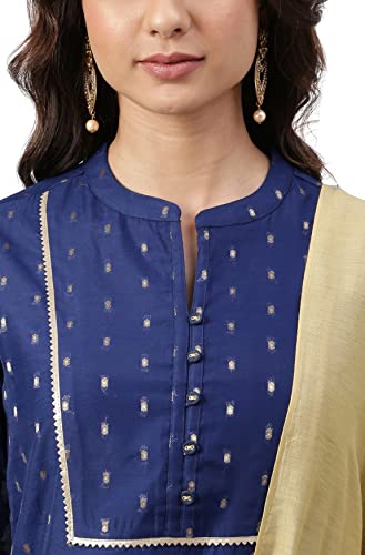 Janasya Women's Dark Blue Chanderi Silk Woven Kurta with Sharara and Dupatta(SET472-KR-SHA-S)