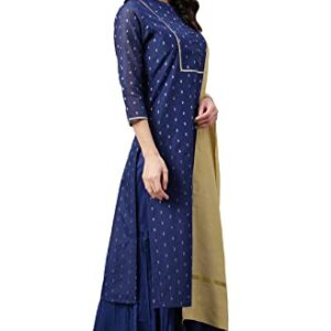 Janasya Women's Dark Blue Chanderi Silk Woven Kurta with Sharara and Dupatta(SET472-KR-SHA-S)