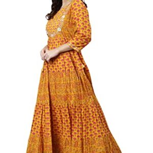 Janasya Women's Mustard Cotton Floral Print Flared Kurta(JNE3971-KR-XL)