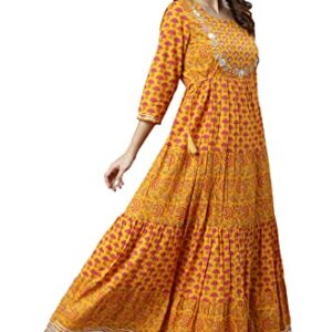 Janasya Women's Mustard Cotton Floral Print Flared Kurta(JNE3971-KR-XL)