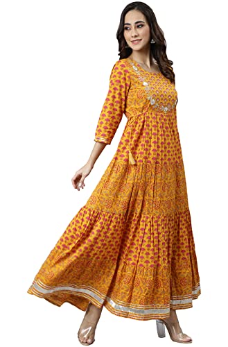 Janasya Women's Mustard Cotton Floral Print Flared Kurta(JNE3971-KR-XL)