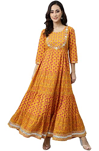 Janasya Women's Mustard Cotton Floral Print Flared Kurta(JNE3971-KR-XL)